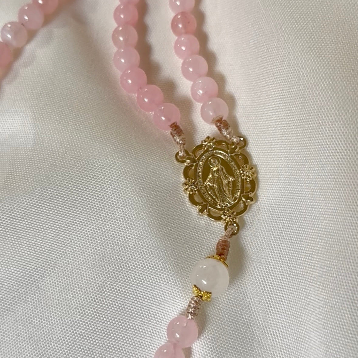 Roses for Mary - Handmade pink quartz and Miraculous Medal Rosary