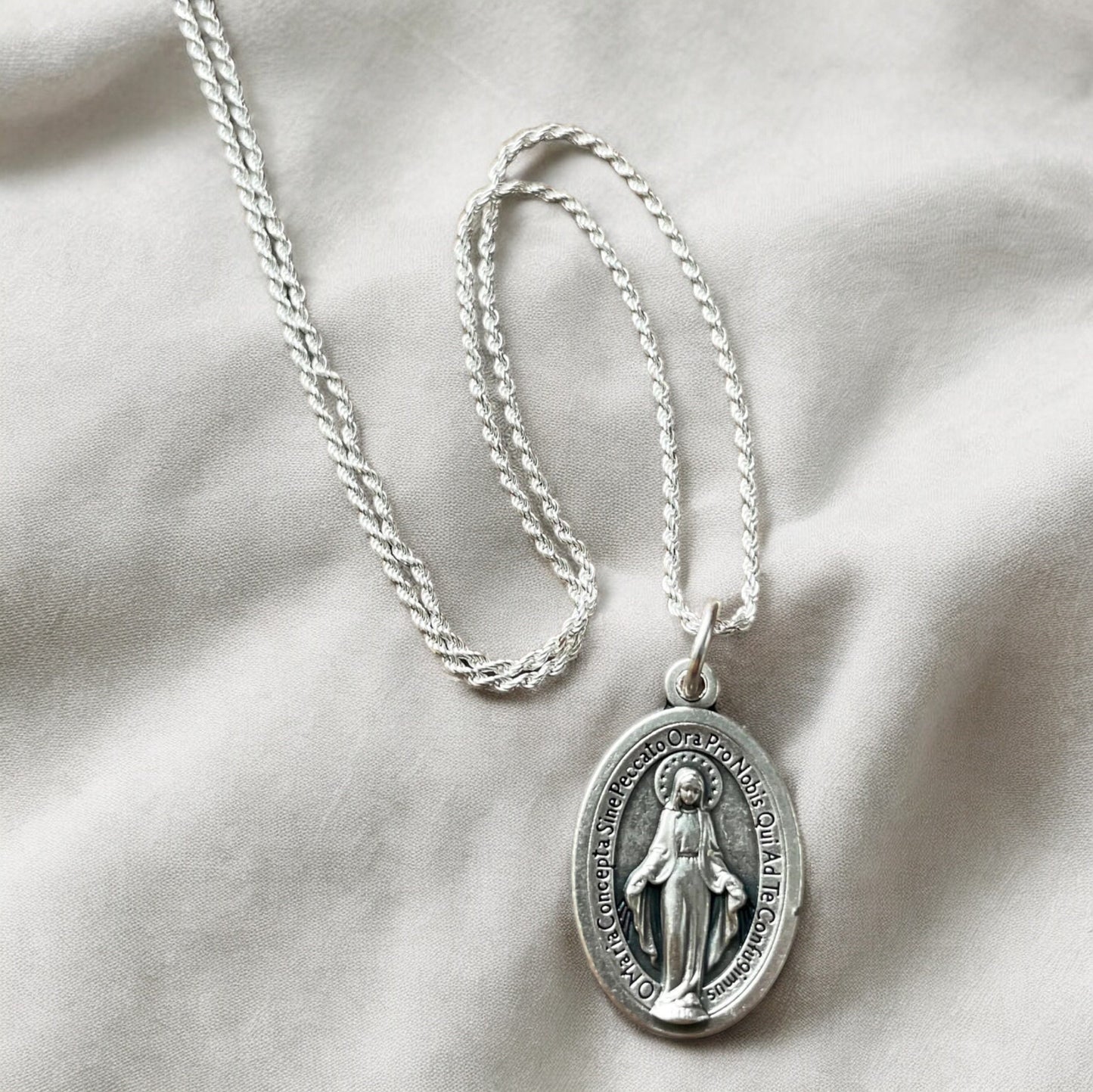 Miraculous Medal Necklace - Sterling Silver Chain