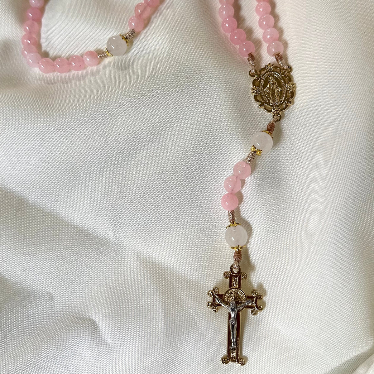 Roses for Mary - Handmade pink quartz and Miraculous Medal Rosary