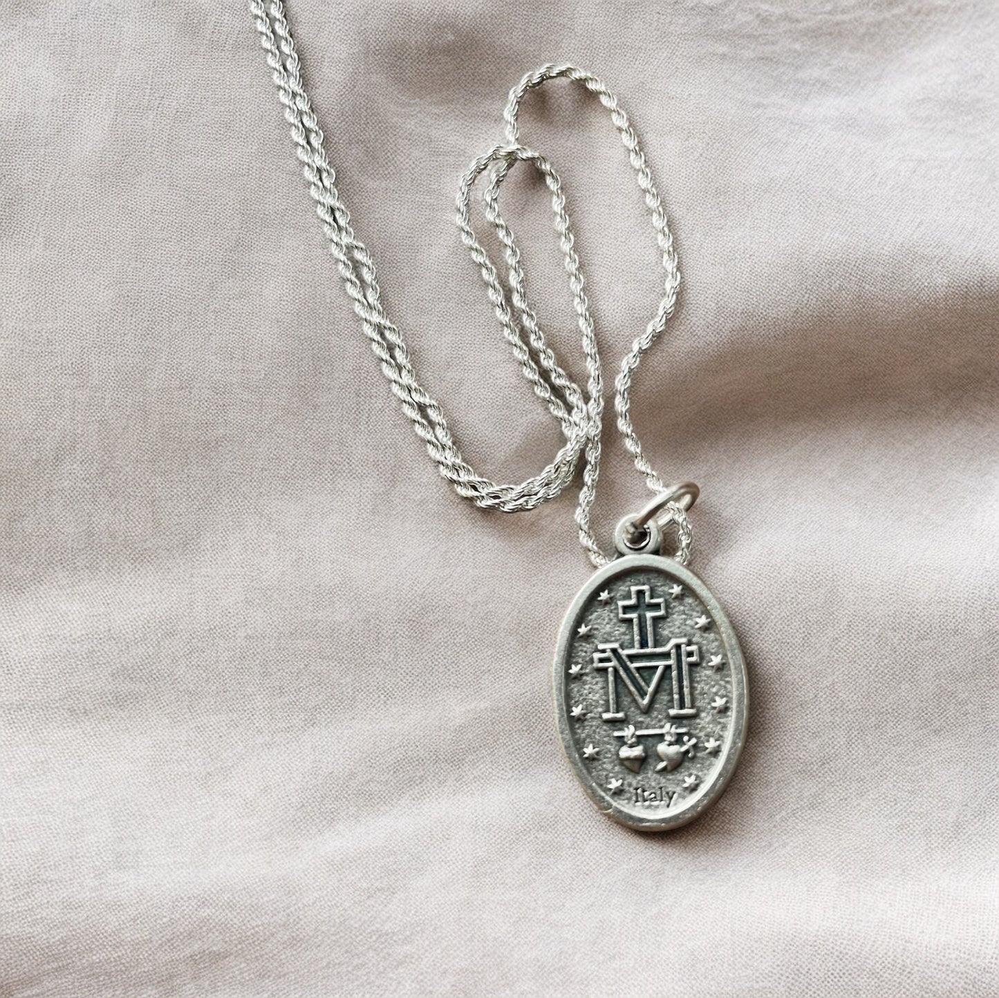 Miraculous Medal Necklace - Sterling Silver Chain