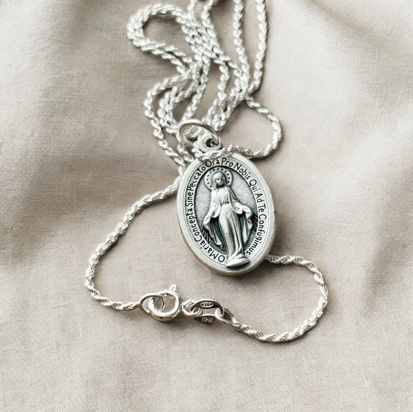 Miraculous Medal Necklace - Sterling Silver Chain