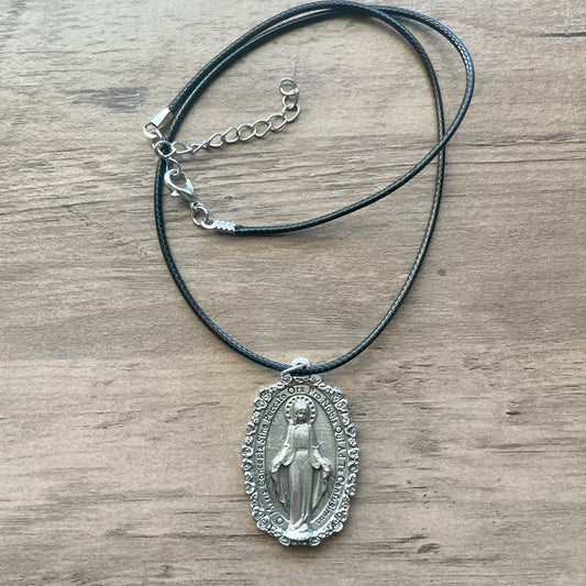 Medal on Leather Cord Necklace - Various Saints