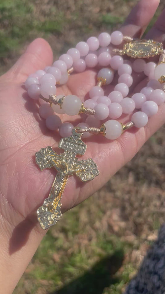Roses for Mary - Handmade pink quartz and Miraculous Medal Rosary